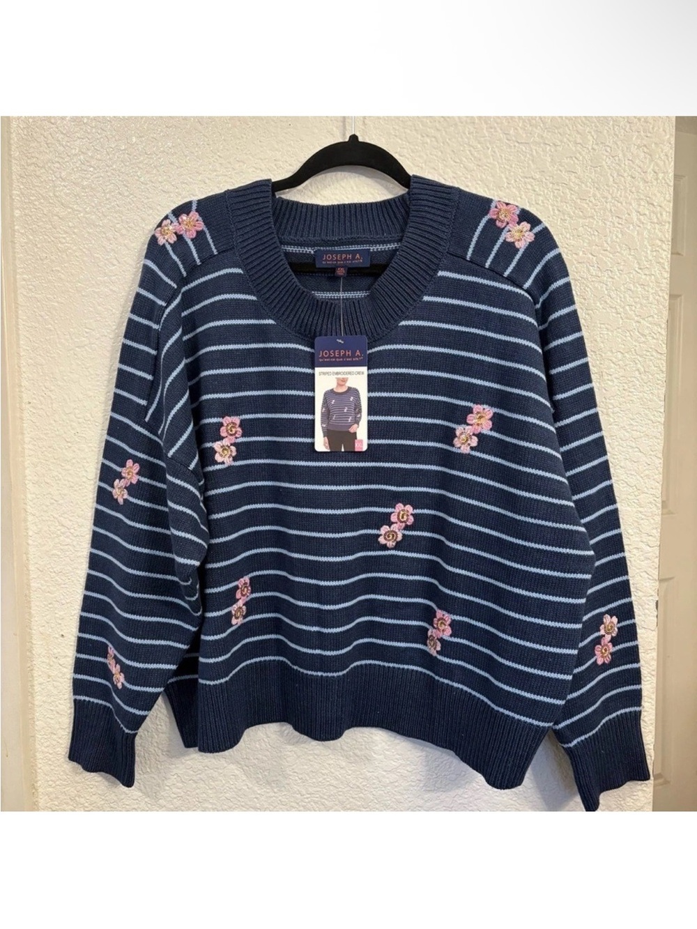 Joseph Navy & Light Blue Striped Crewneck Sweater with Pink Floral Embroidery